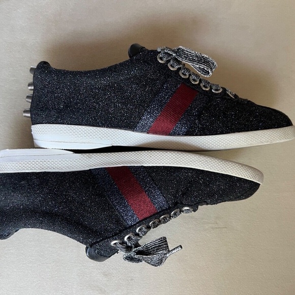 Authenticated Gucci Bambi Web Glitter Stud Black Silver Sneaker Size 36 - Picture 7 of 11
